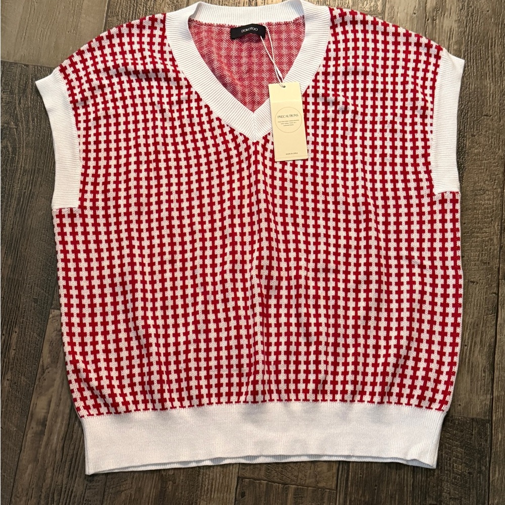 Red and White V-Neck Sweater